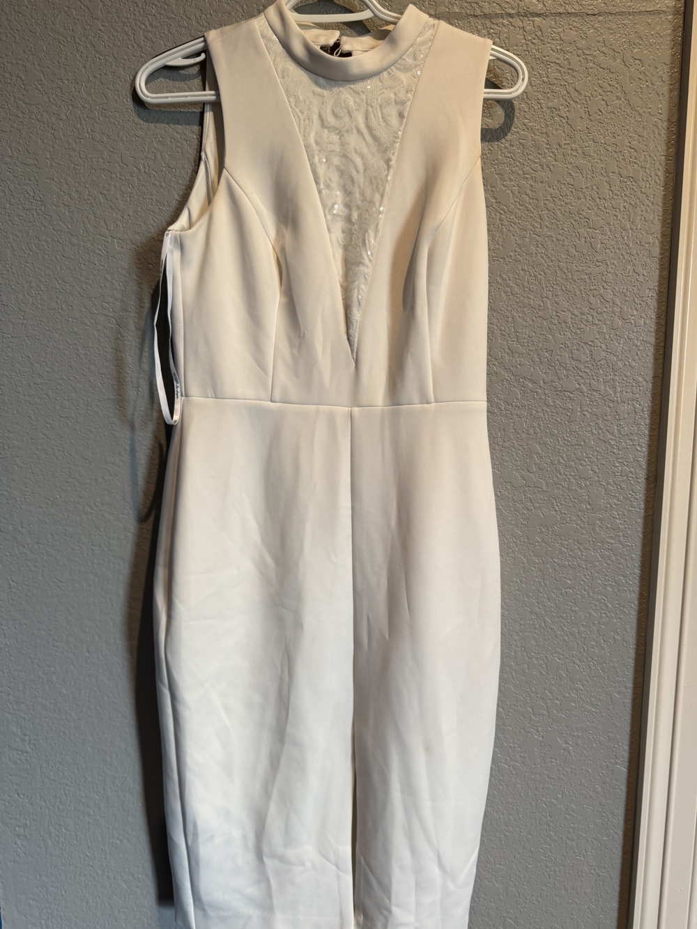 Guess White Sleeveless Midi Dress with Lace Illusion Panel